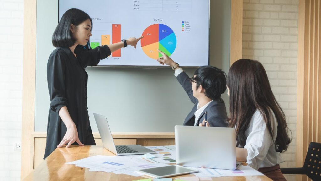3 người đang làm việc với màn hình chiếu, khoá học excel online