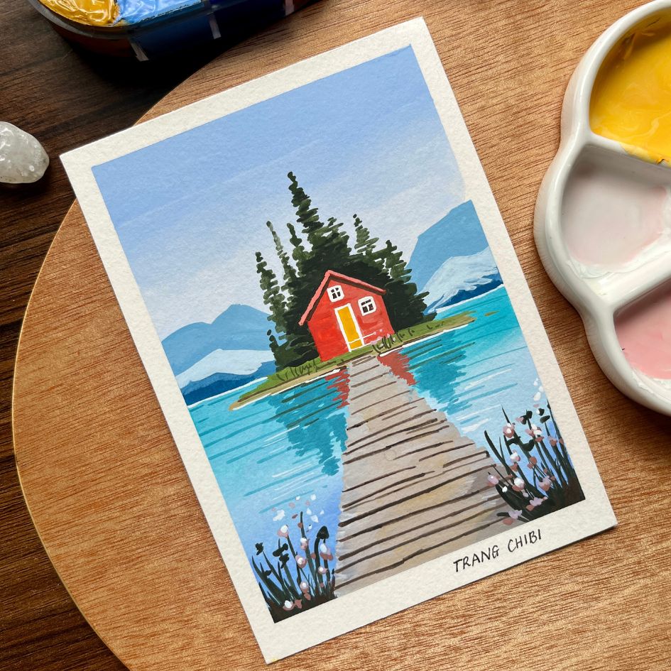 Ngôi nhà giữa hồ Maligne Canada - tranh màu gouache