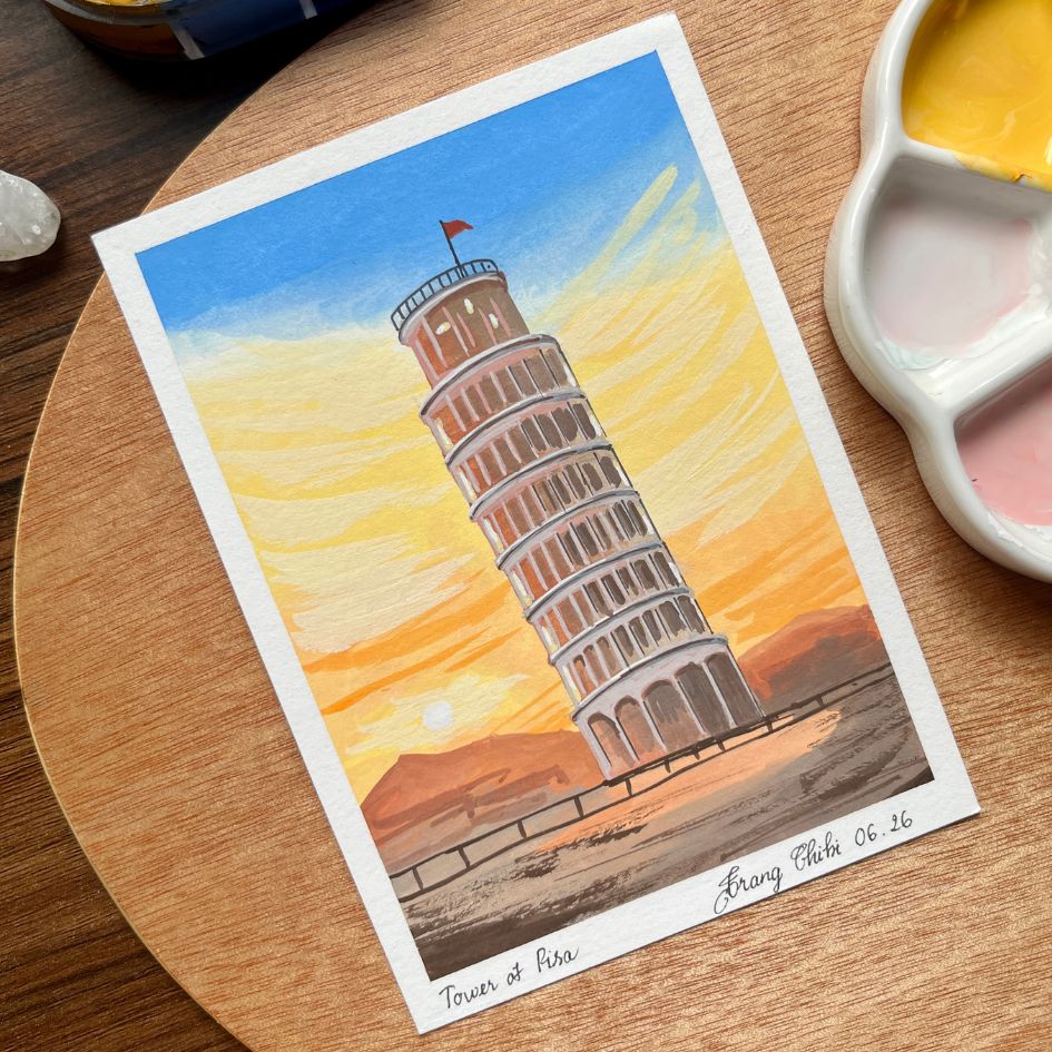 Tranh vẽ tháp nghiêng Pisa màu gouache