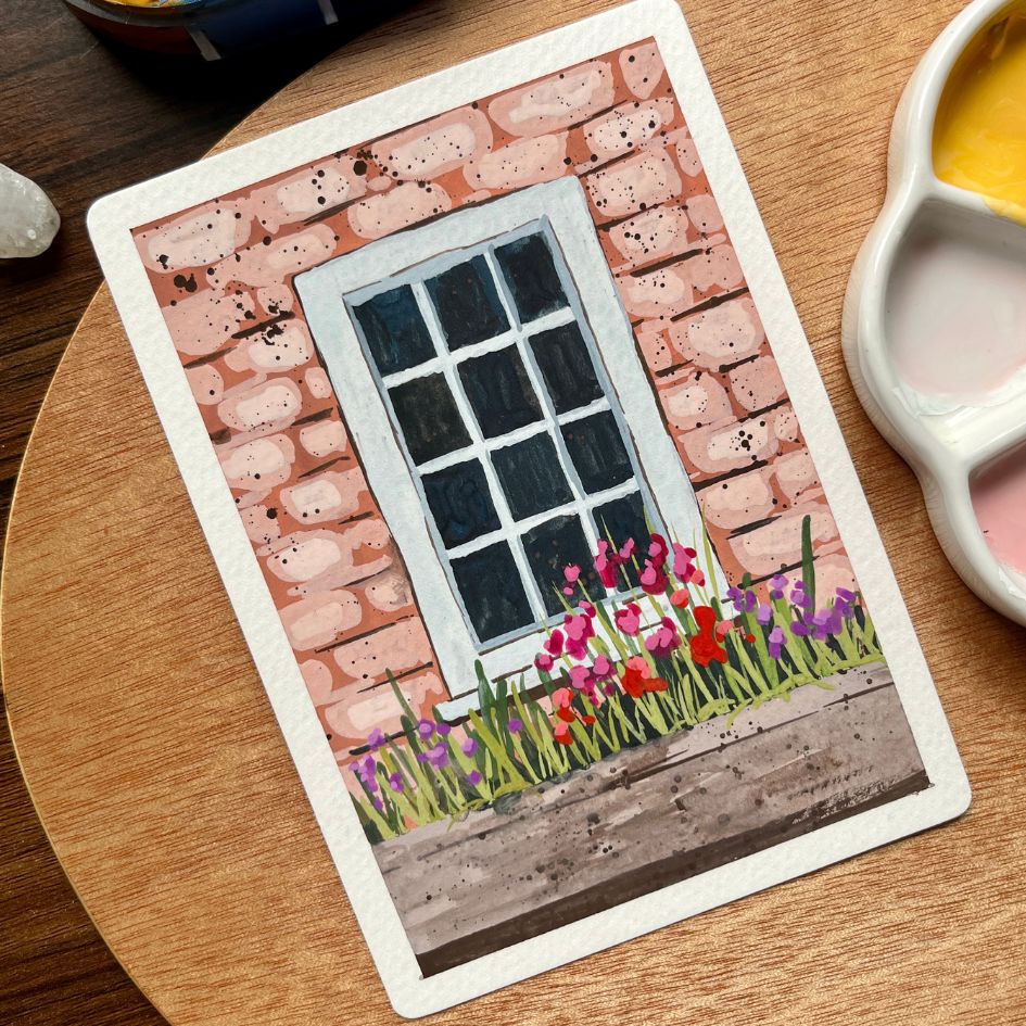 Tranh vẽ bức tường gạch và ô cửa sổ bằng màu gouache
