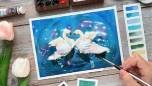 Tranh màu nước 2 chú thiên nga - khoá học vẽ mỗi ngày cùng Picassia