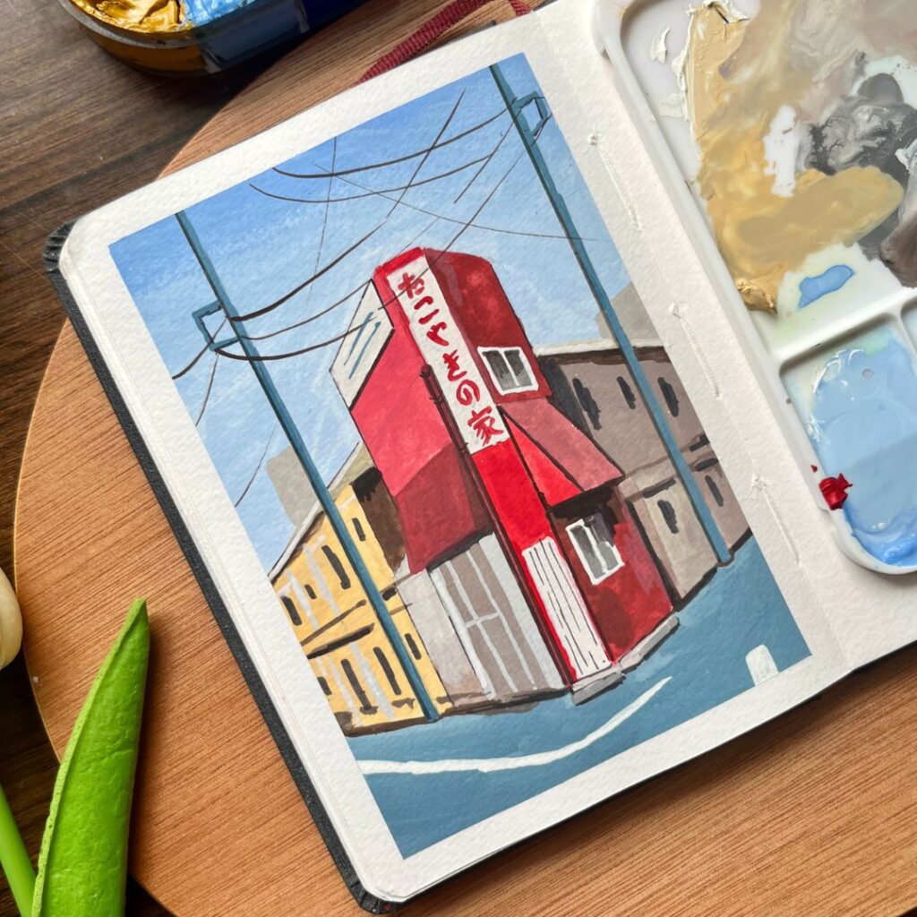 Tranh màu gouache - phối cảnh 2 điểm tụ